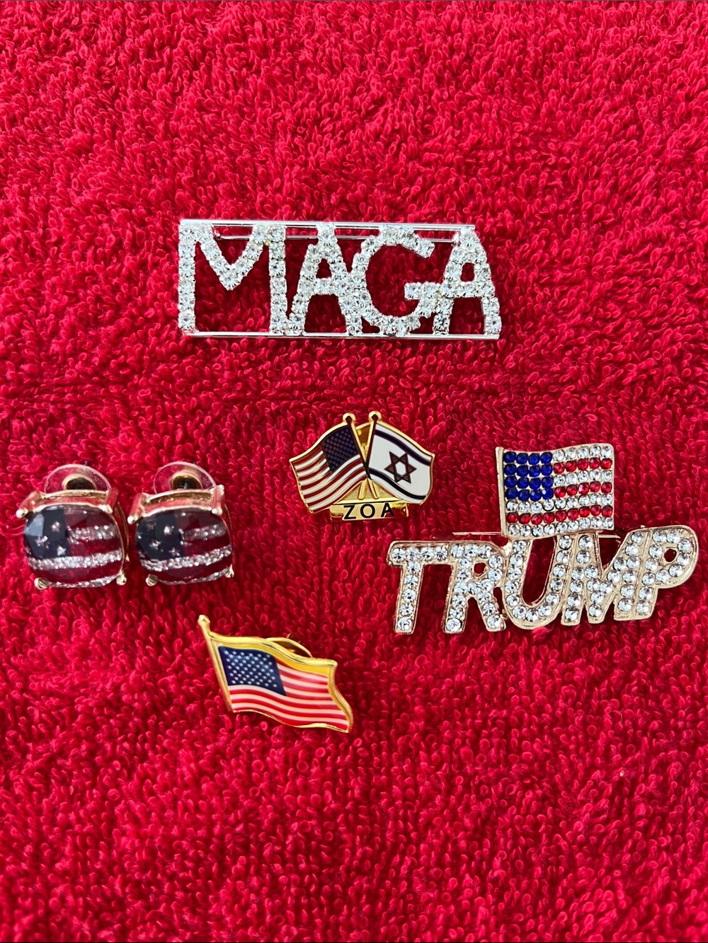 Rhinestone Political Pin and Earring Set - Red/White/Blue with Lots of Sparkle
